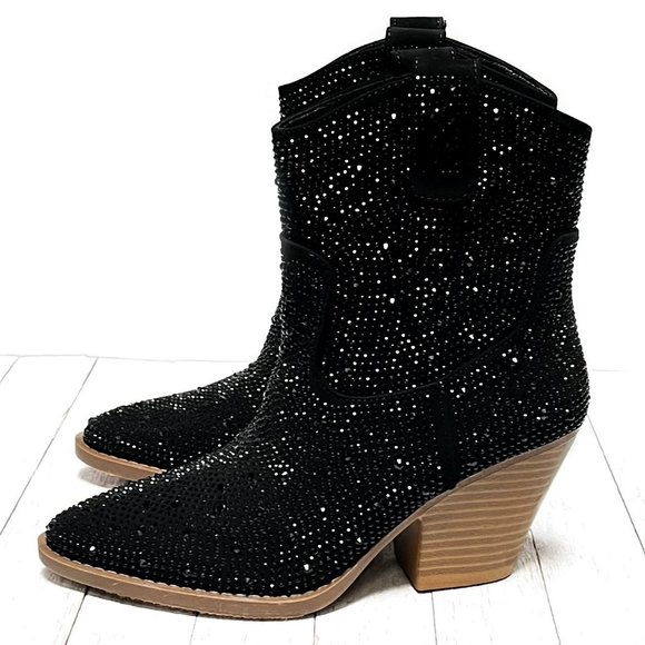 New Black Rhinestone Cowboy Ankle Boots Western Booties - Picture 5 of 8